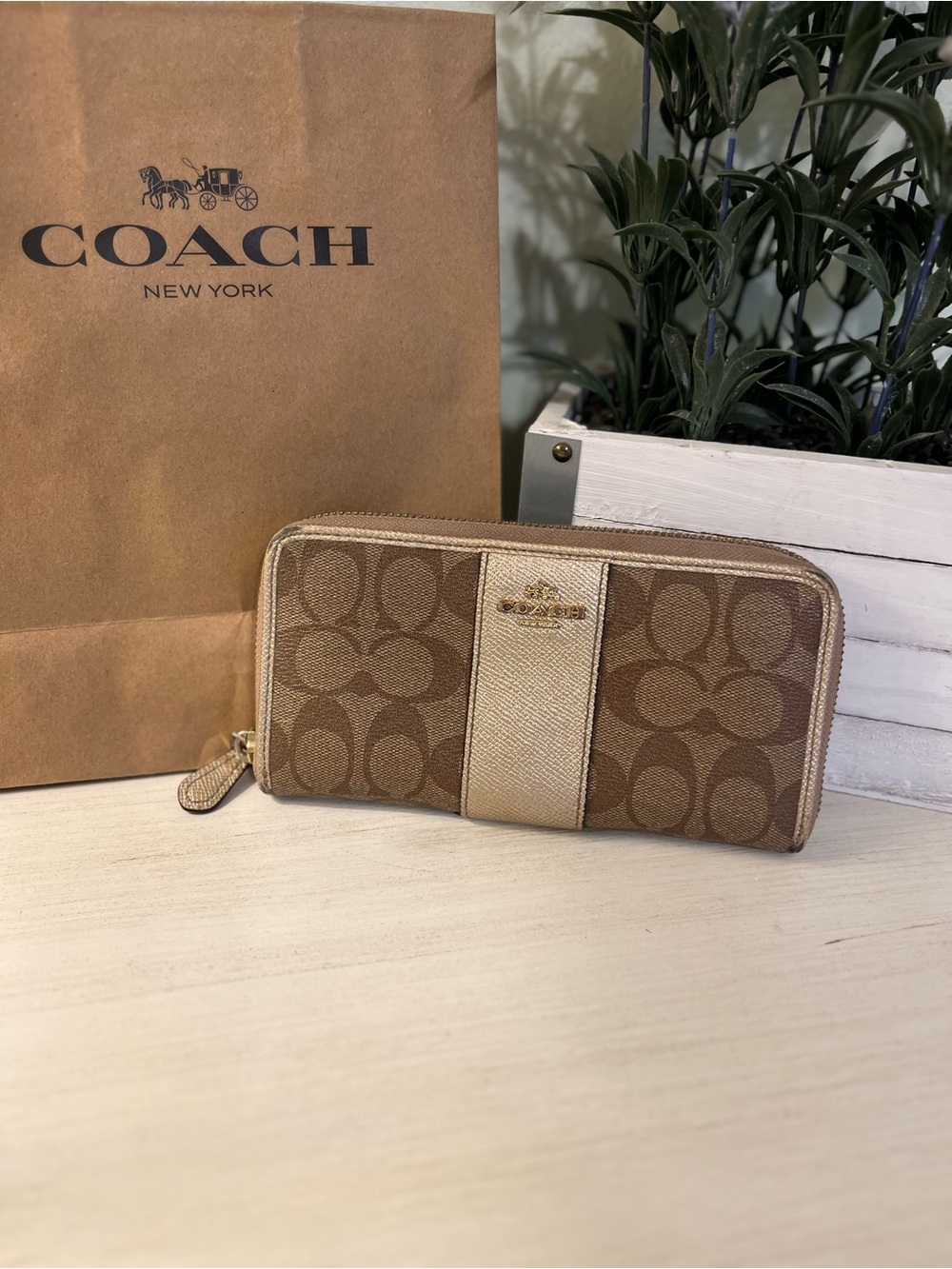 Coach Long Zip Around Wallet Signature Canvas Tan & Gold